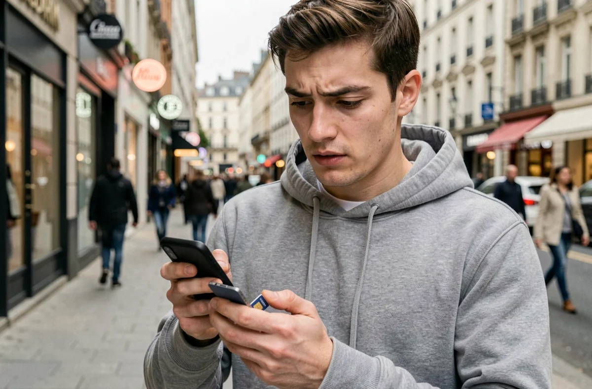 Jeune homme insérant une carte SIM prépayée dans son smartphone en ville