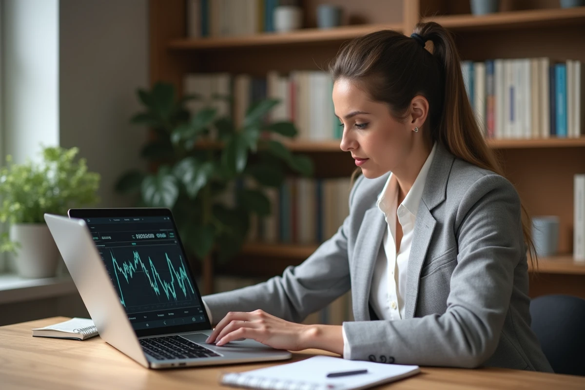 Investisseuse analysant le cours et le rendement d'une action en bourse depuis son bureau à domicile