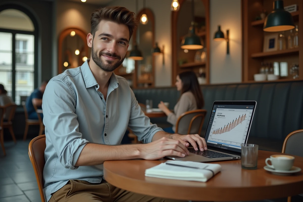 Jeune professionnel analysant sa courbe de salaire sur un ordinateur portable dans un café parisien