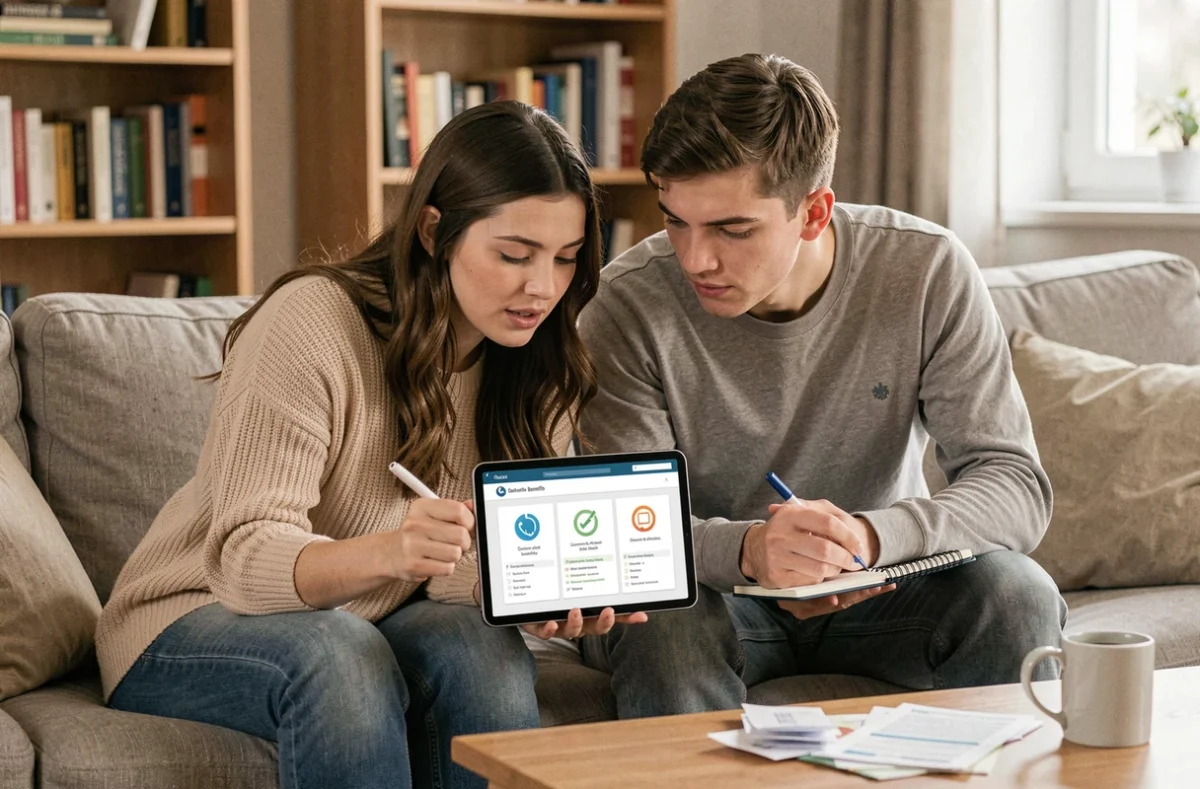 Jeune couple simulant leur éligibilité au versement 2026 sur une tablette dans leur salon selon leurs revenus