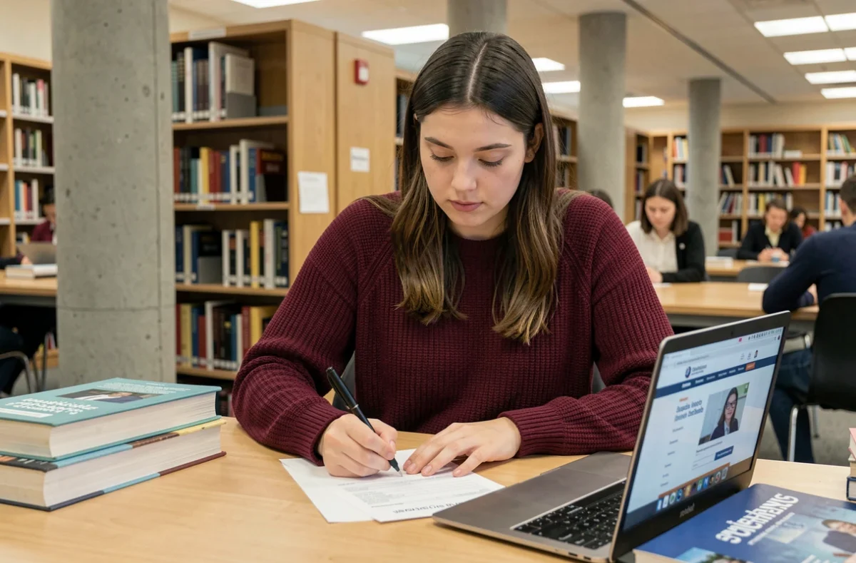 Jeune femme étudiante remplissant un formulaire de mutuelle dans une bibliothèque universitaire