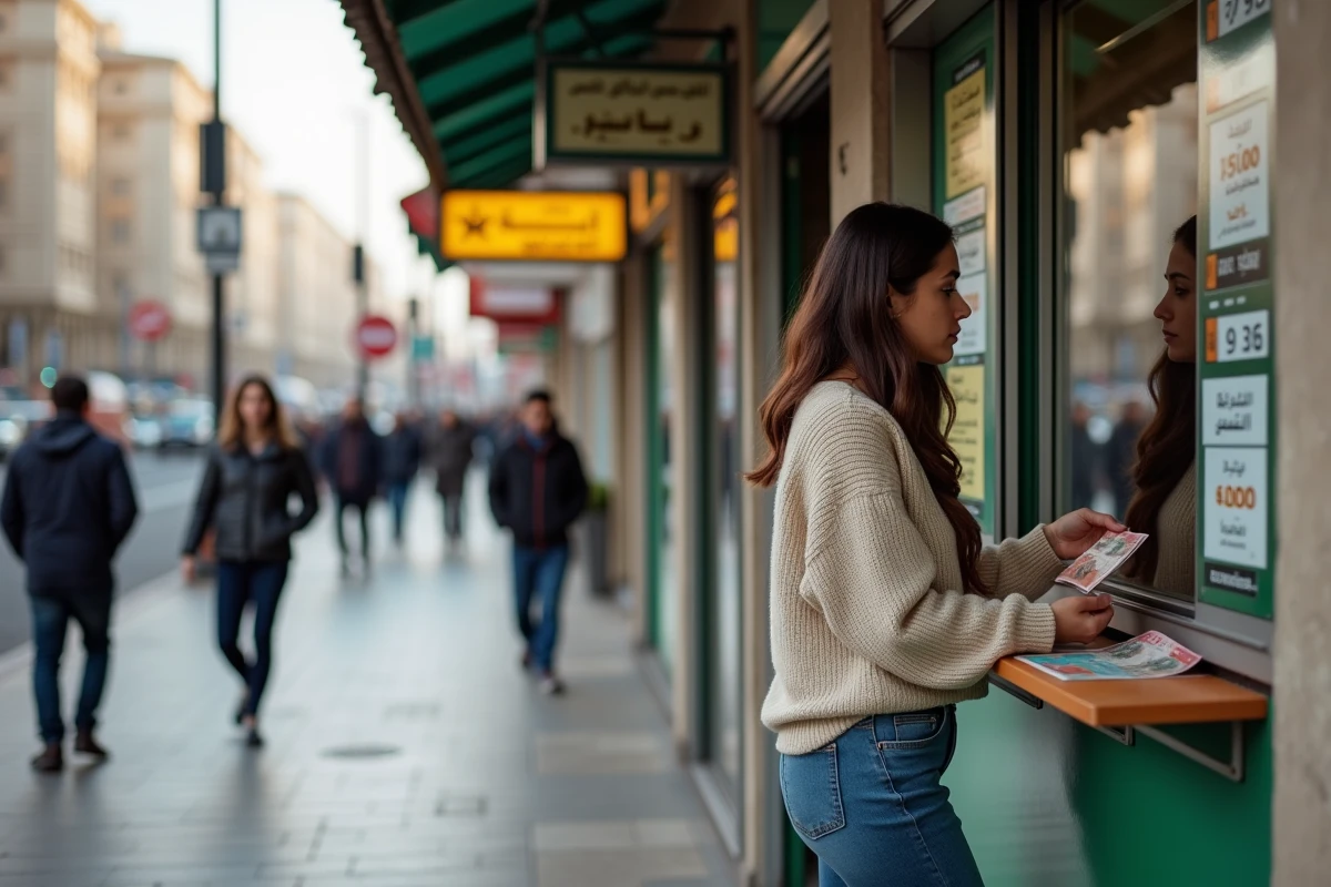 Jeune femme algérienne à un kiosque de change en plein air