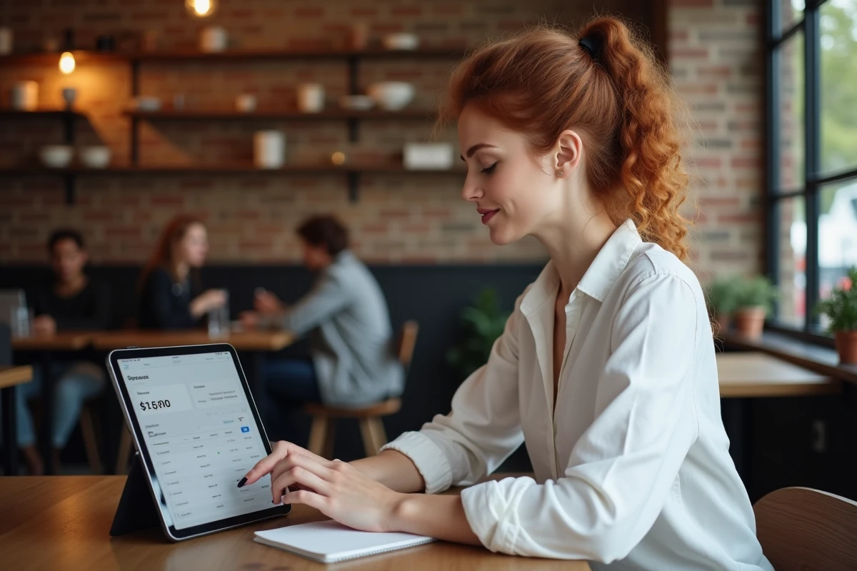 Jeune femme gérant ses cartes bancaires virtuelles Virtualis sur tablette dans un café pour sécuriser ses achats en ligne