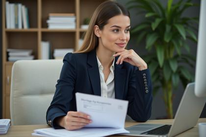 Jeune femme en blazer bleu examine des papiers de prêt immobilier
