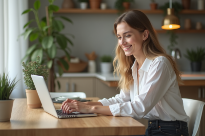 Jeune femme concentrée remplissant une demande de microcrédit à la maison
