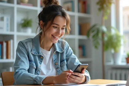 Jeune femme souriante utilisant une application bancaire sur son smartphone dans un appartement lumineux