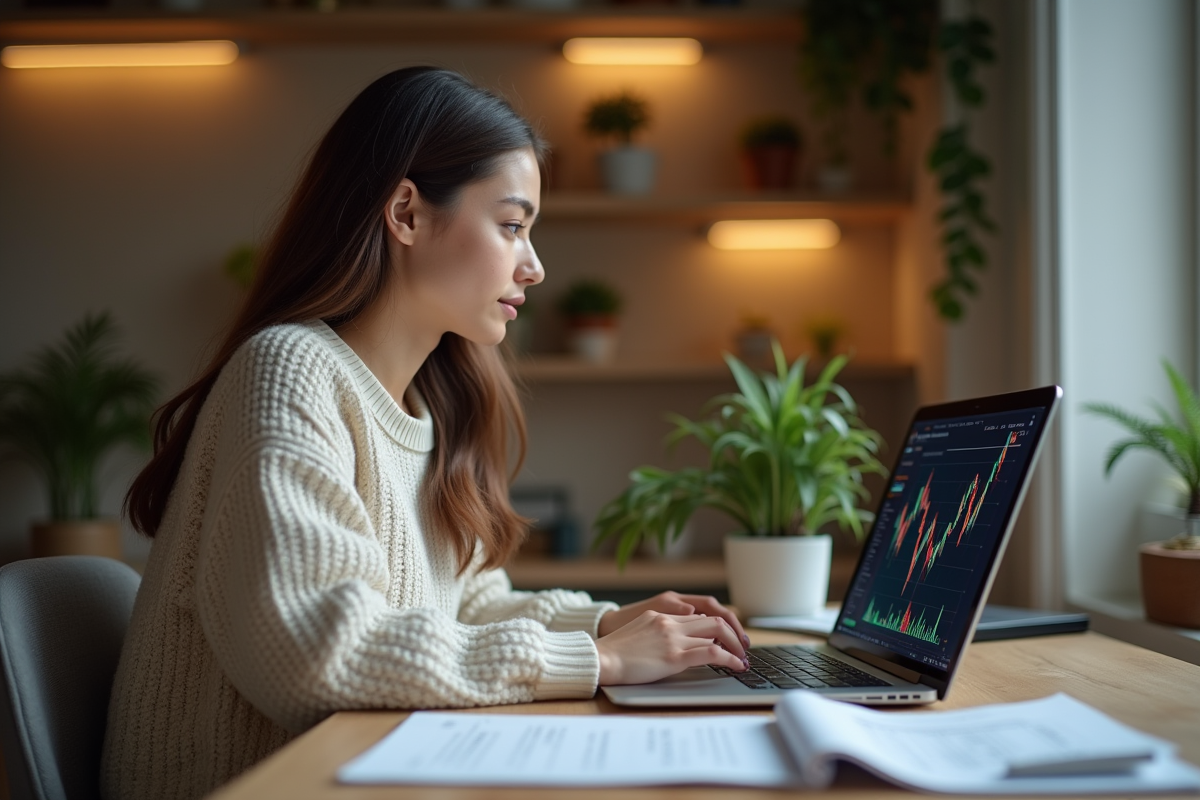 Jeune femme travaillant sur un ordinateur avec graphiques financiers