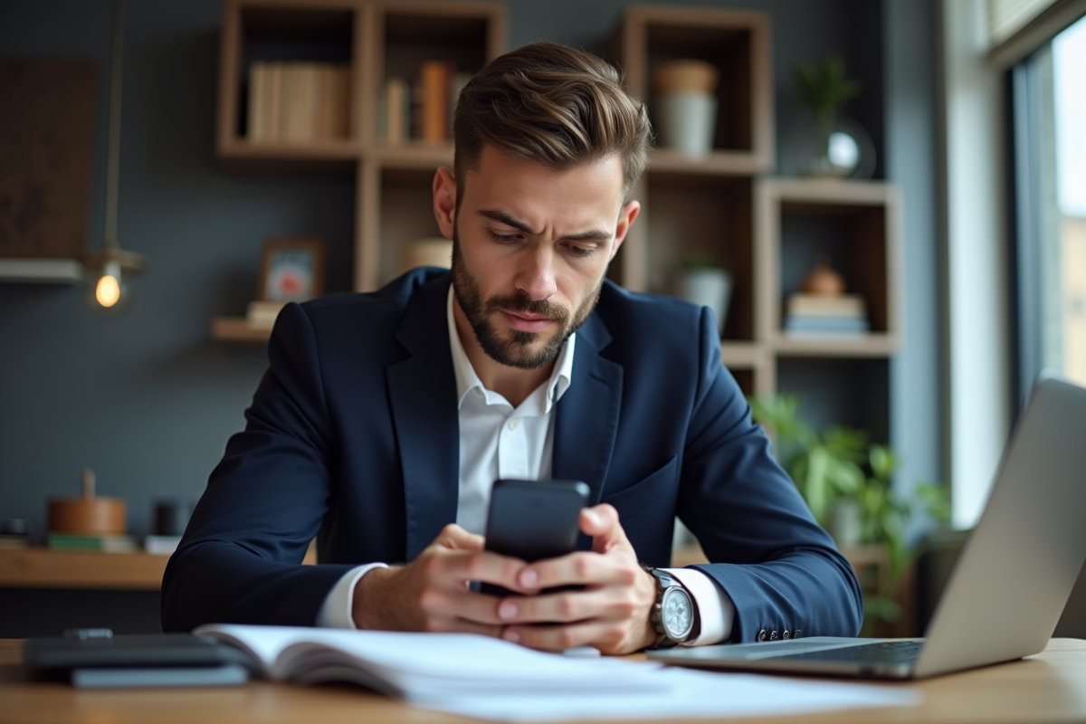 Jeune homme en costume consulte une application bancaire sur son smartphone
