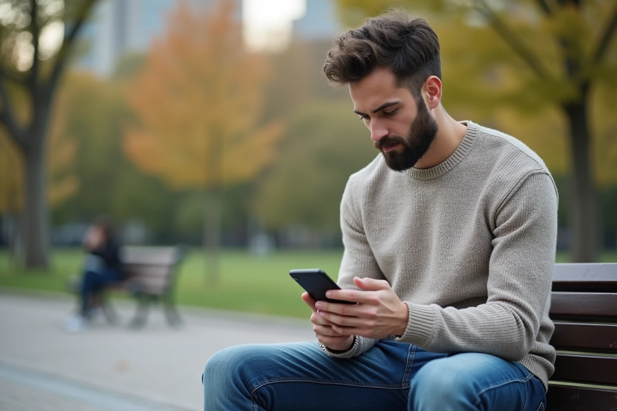 Jeune homme utilisant une application bancaire sur son smartphone au parc