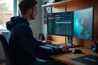 Jeune homme regardant son historique Valorant sur un écran