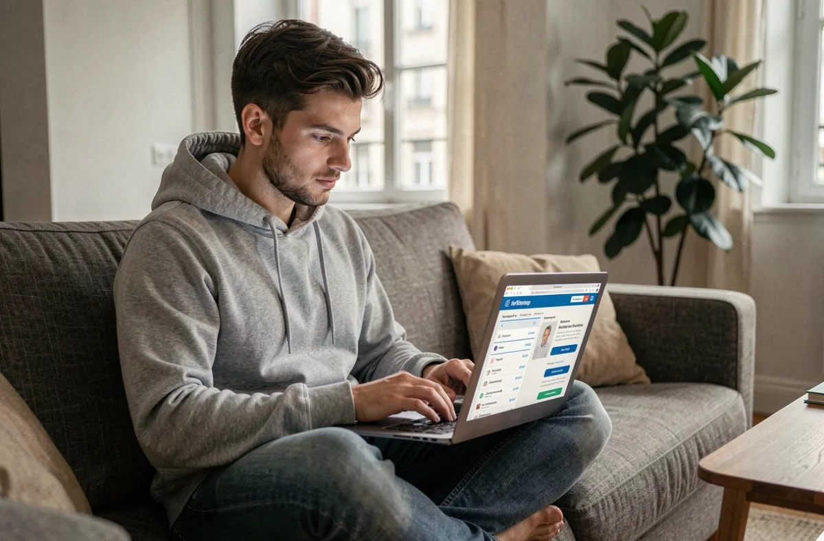 Jeune homme comparant les offres de mutuelle et la CSS sur son ordinateur portable dans son appartement