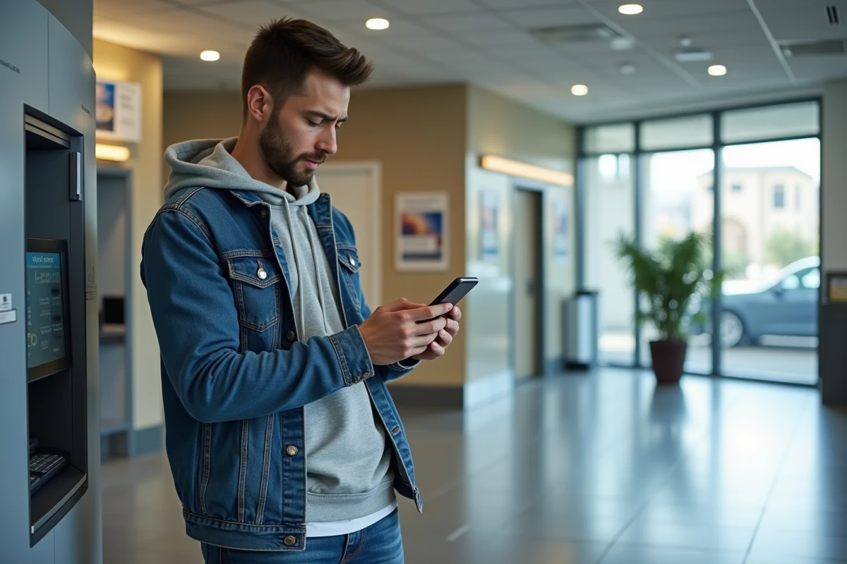 Jeune homme utilisant un ATM intérieur avec téléphone