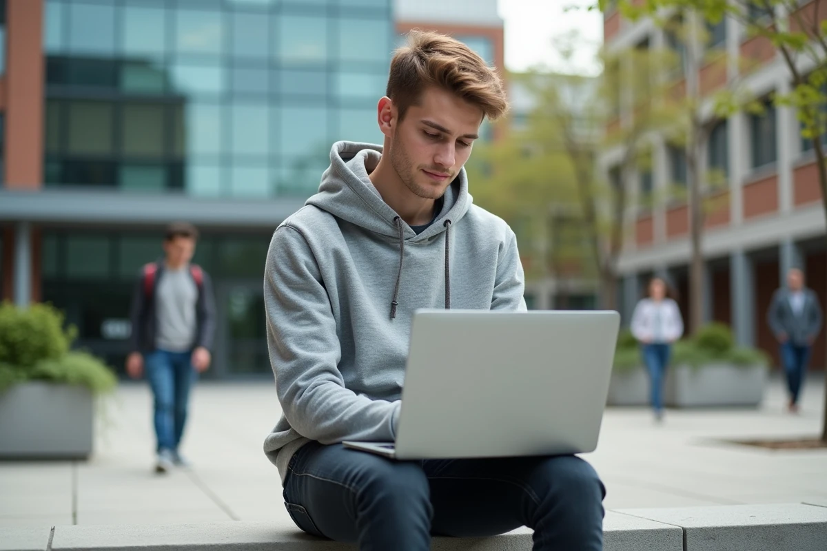 Jeune homme concentré avec un ordinateur portable devant un bâtiment universitaire moderne