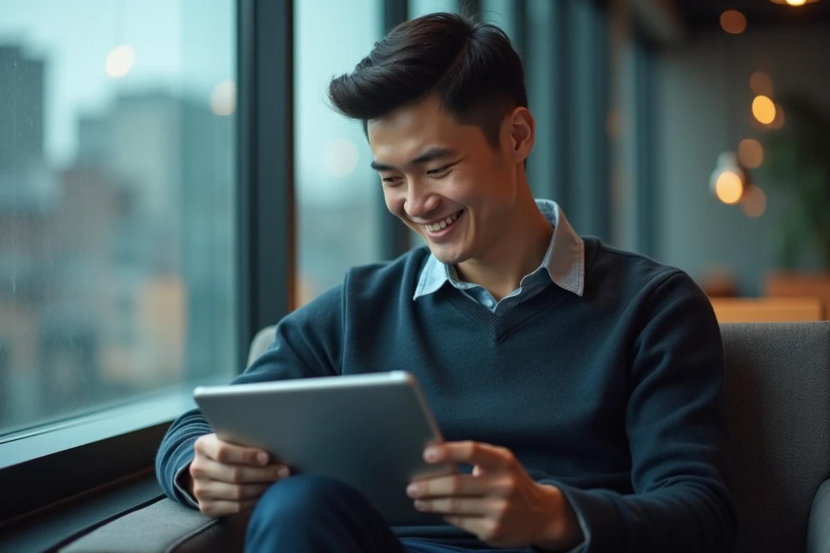 Jeune homme concentré utilisant une tablette pour banque digitale