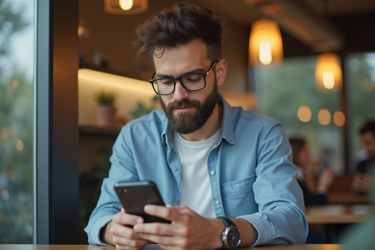 Jeune professionnel vérifiant overdraft sur smartphone