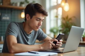 Jeune professionnel utilisant une application bancaire sur smartphone à une table lumineuse