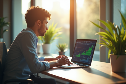 Jeune professionnel analyse des graphiques boursiers sur un ordinateur