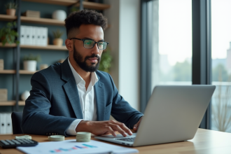 Jeune adulte confiant analysant des graphiques boursiers