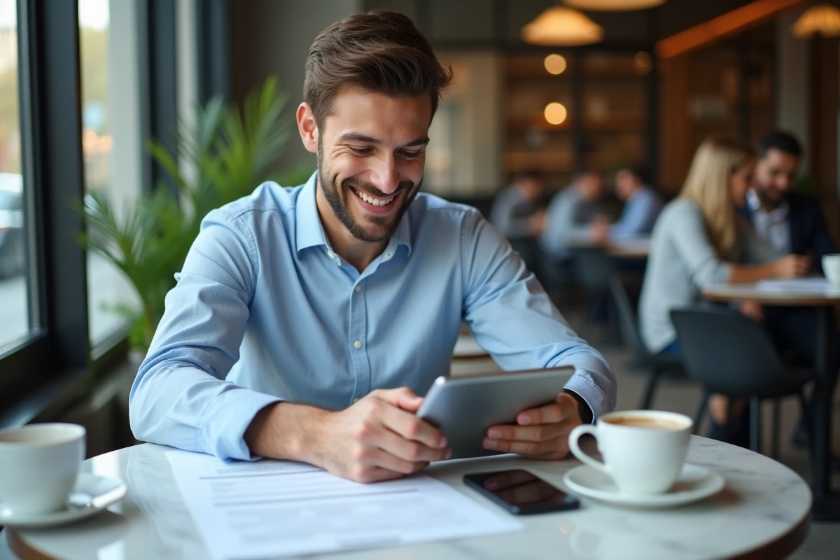 Jeune entrepreneur étudiant des documents financiers au café