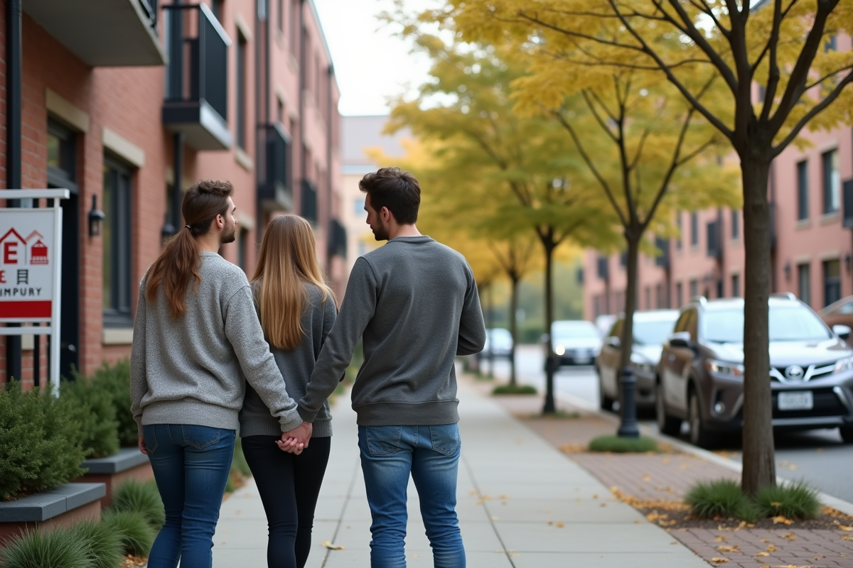Jeune couple devant un immeuble neuf avec panneau a vendre