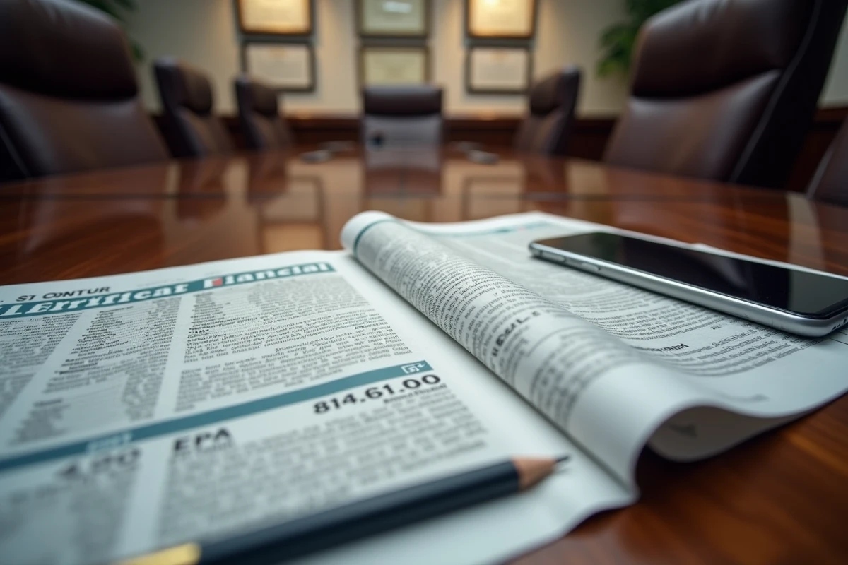 Journal financier ouvert sur des données boursières avec codes EPA et smartphone affichant une application de trading