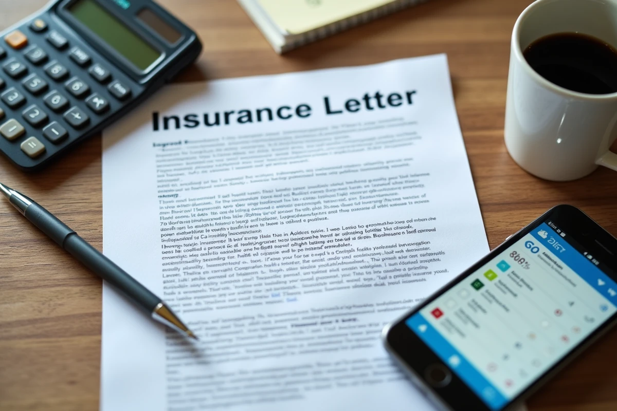 Lettre de résiliation contrat Direct Assurance posée sur un bureau avec téléphone comparateur et calculatrice