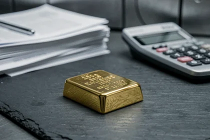 Lingot d'or de 250g posé sur une surface en ardoise dans un coffre bancaire, avec documents financiers en arrière-plan flou