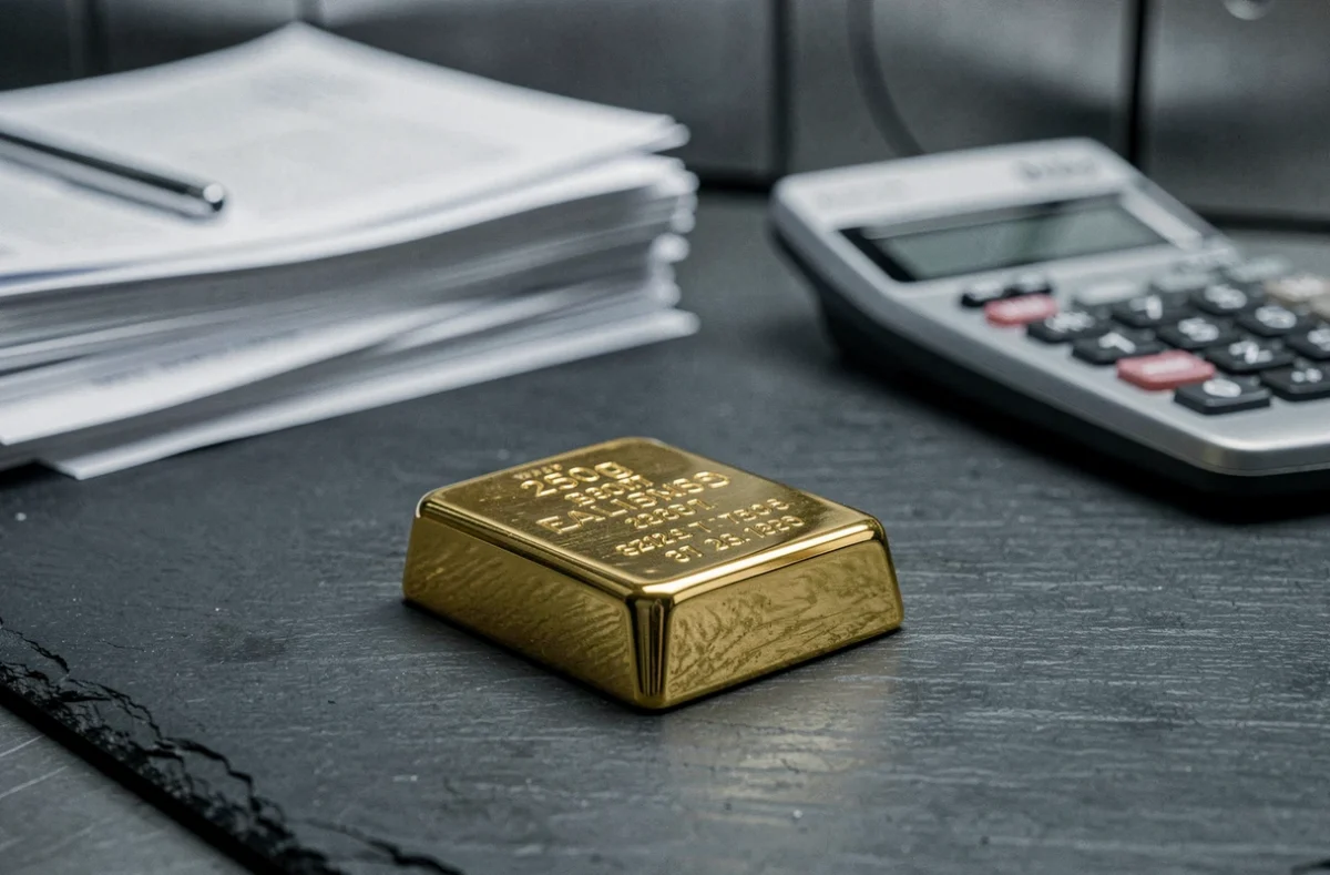 Lingot d'or de 250g posé sur une surface en ardoise dans un coffre bancaire, avec documents financiers en arrière-plan flou