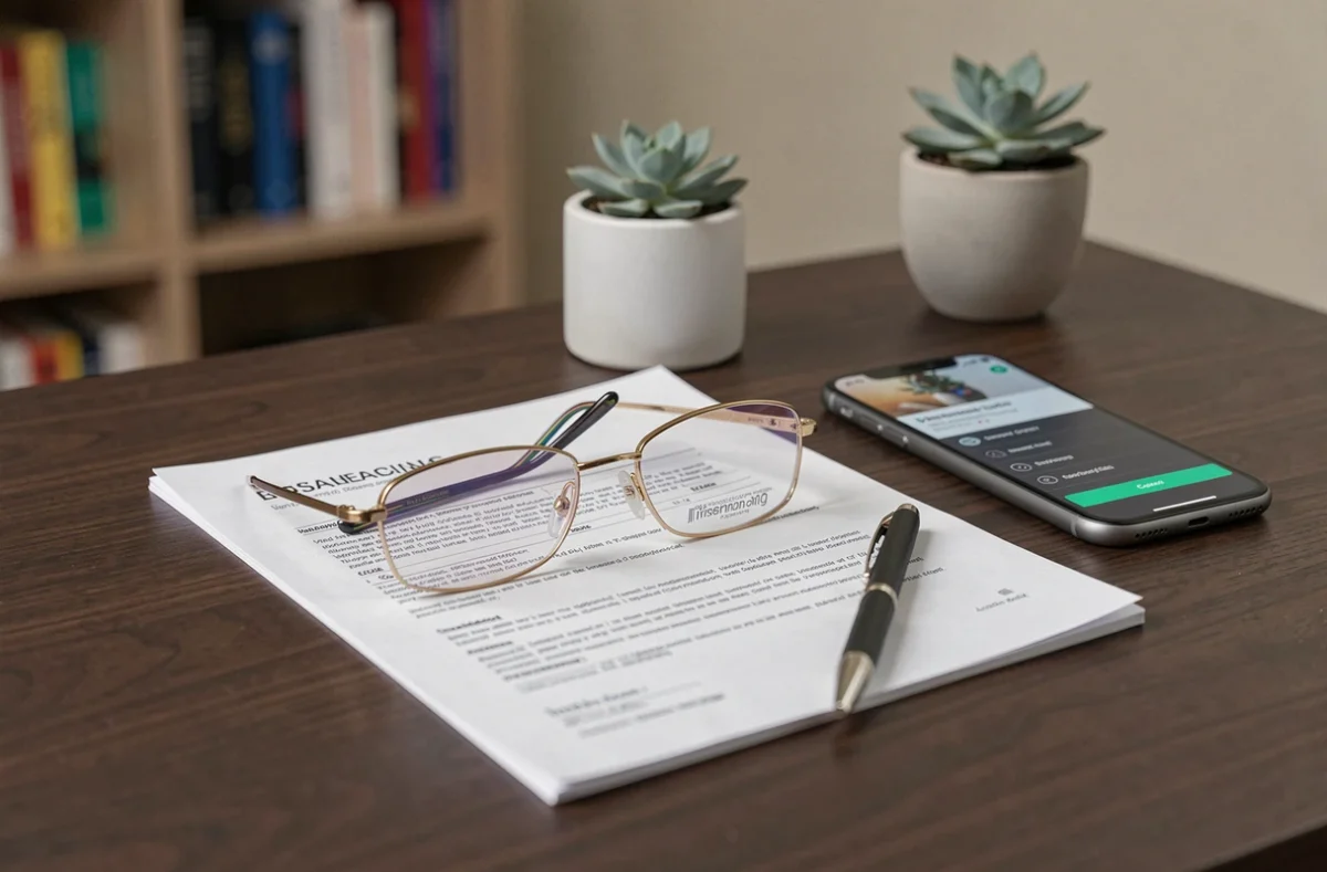 Lunettes progressives posées sur un contrat d'assurance perte et casse avec smartphone et stylo sur bureau