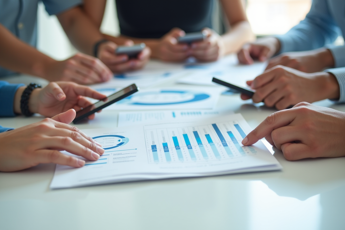 Mains de plusieurs personnes empilant brochures d