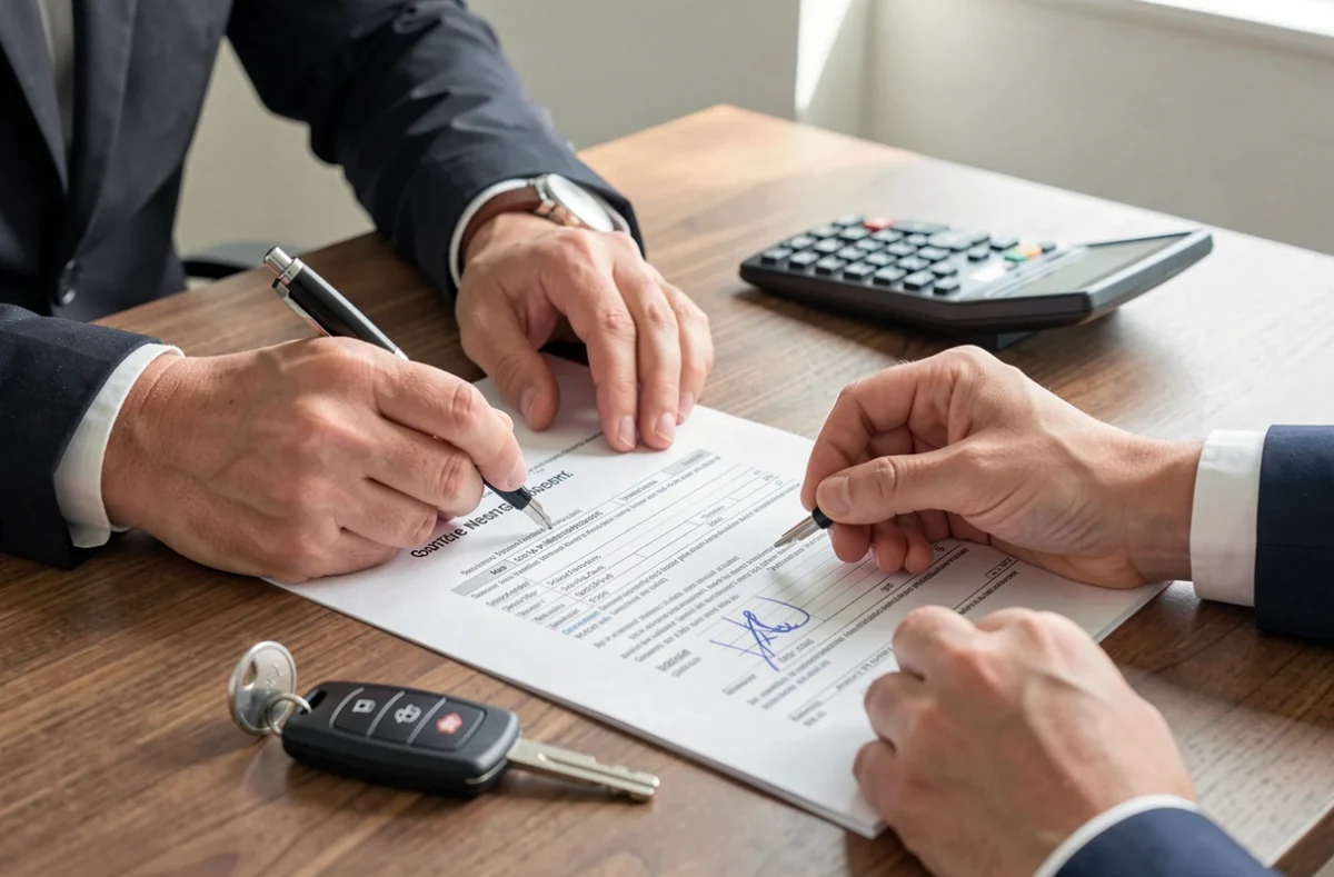 Mains signant un contrat de location de voiture à côté d'une clé
