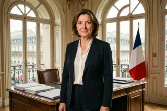 Femme maire dans un bureau officiel parisien avec documents administratifs et drapeau français