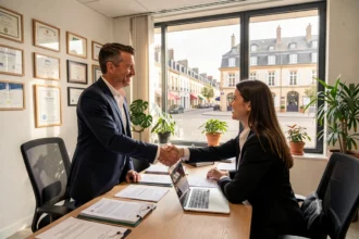 Classement des meilleurs agents d'assurance dans les Pays de la Loire en 2026, un conseiller serre la main d'un couple dans une agence moderne