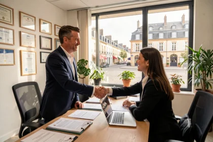 Classement des meilleurs agents d'assurance dans les Pays de la Loire en 2026, un conseiller serre la main d'un couple dans une agence moderne