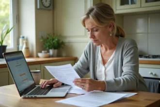 Femme consultant ses documents d'impôts fonciers et un portail bancaire sur laptop pour mensualiser ses paiements par prélèvement automatique