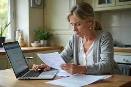 Femme consultant ses documents d'impôts fonciers et un portail bancaire sur laptop pour mensualiser ses paiements par prélèvement automatique
