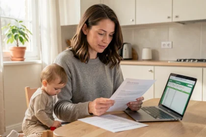 Mère de famille consultant ses documents de versement CAF 2026 à la table de sa cuisine avec son enfant en bas âge