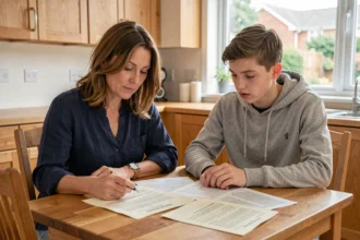 Mère et son fils adolescent examinant des documents de mutuelle familiale à la table de cuisine