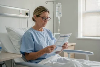Femme hospitalisée qui consulte une brochure de mutuelle santé dans sa chambre d'hôpital