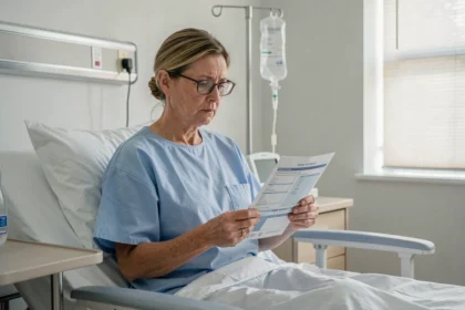 Femme hospitalisée qui consulte une brochure de mutuelle santé dans sa chambre d'hôpital