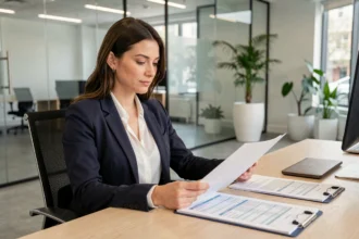 Femme professionnelle ouvrant un compte HSBC dans une agence bancaire moderne