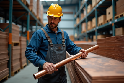 Ouvrier en overalls inspectant des feuilles de cuivre dans un entrepôt industriel