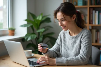 Femme utilisant sa carte bancaire pour un paiement en ligne sur son ordinateur portable depuis son bureau à domicile
