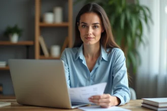 Femme payant sa facture Free en ligne depuis son bureau à domicile avec un ordinateur portable