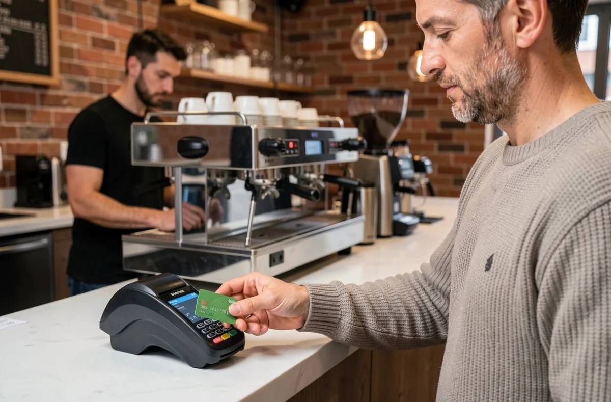 Homme effectuant un paiement sans contact avec une carte bancaire Mastercard dans un café moderne