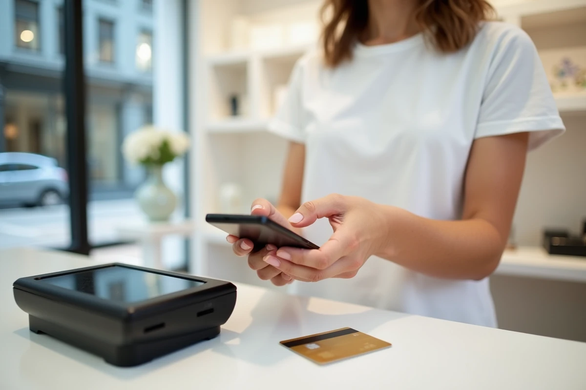 Mains de femme comparant paiement via smartphone PayPal et carte bancaire en boutique