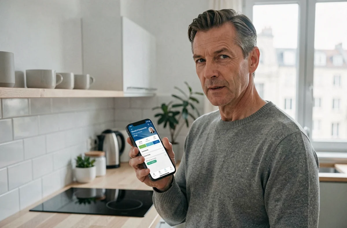 Homme consultant les paramètres de son compte Société Générale sur smartphone dans une cuisine moderne