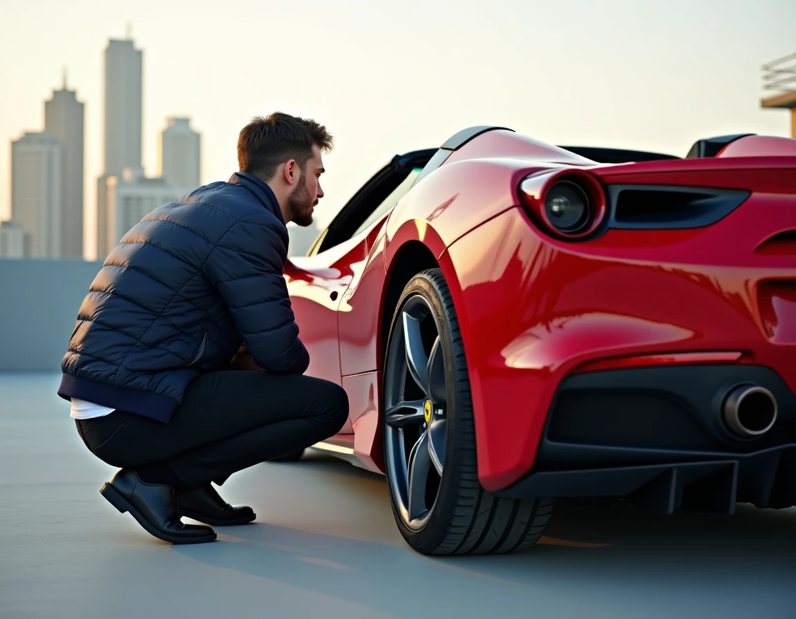 Passionné de voitures de luxe accroupi devant une Ferrari 488 rouge sur un rooftop en ville