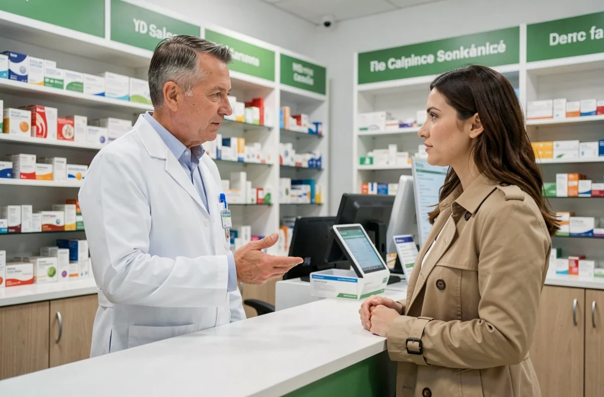 Pharmacien expliquant les options de remboursement santé CSS et mutuelle à une patiente en pharmacie