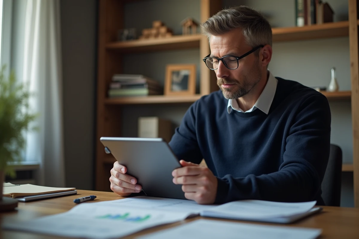 Homme consultant les limites de virement instantané La Banque Postale sur tablette depuis son bureau à domicile